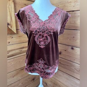 Vintage Velvet Top Small Pink Brown Embroidery Flying Tomato Boho Festival Retro